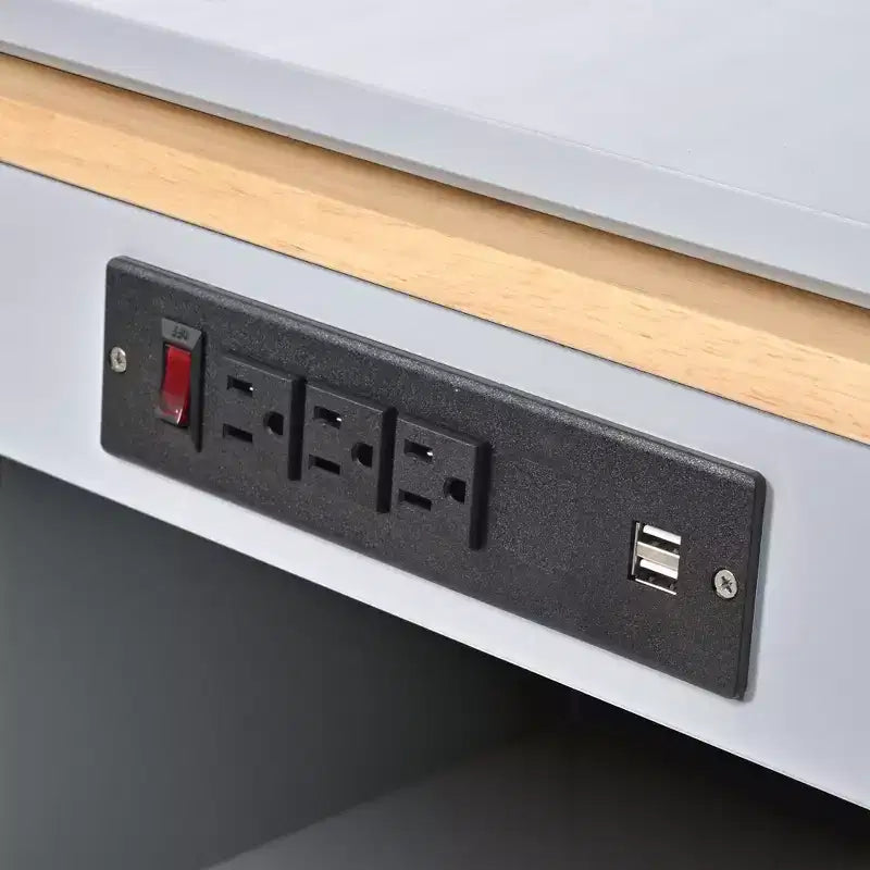 Îlot de cuisine roulant avec table extensible, îlot de cuisine sur roulettes avec lumières LED, prises électriques, 2 portes en verre cannelé