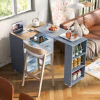 Îlot de cuisine roulant avec table extensible, îlot de cuisine sur roulettes avec lumières LED, prises électriques, 2 portes en verre cannelé