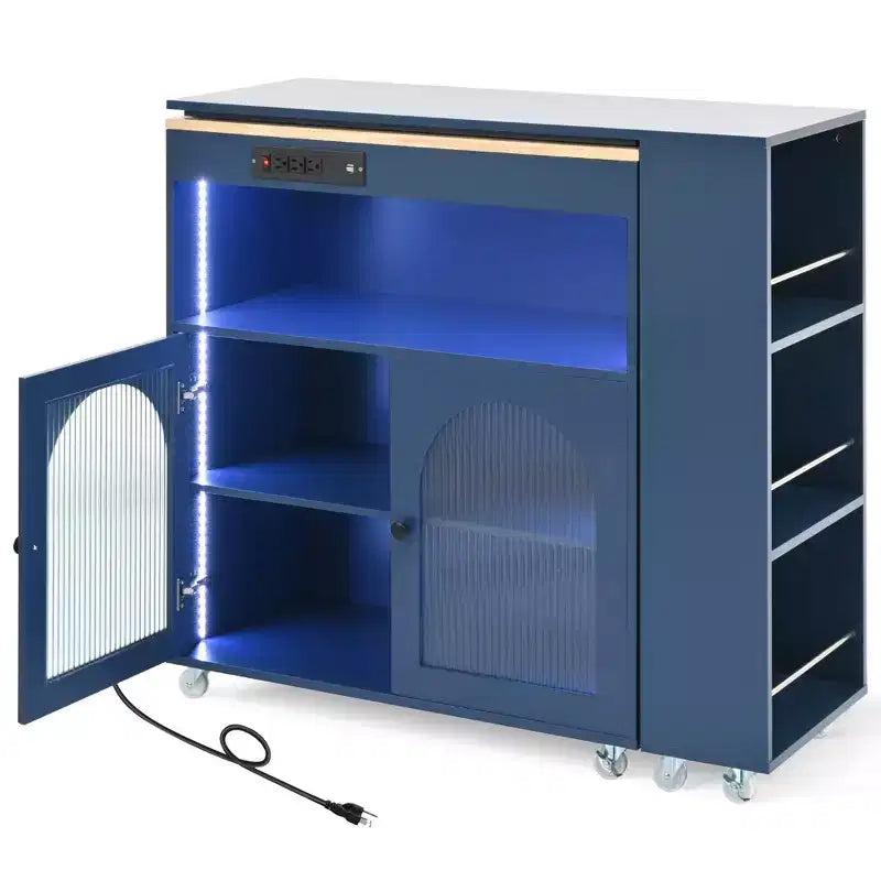 Îlot de cuisine roulant avec table extensible, îlot de cuisine sur roulettes avec lumières LED, prises électriques, 2 portes en verre cannelé