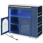 Îlot de cuisine roulant avec table extensible, îlot de cuisine sur roulettes avec lumières LED, prises électriques, 2 portes en verre cannelé