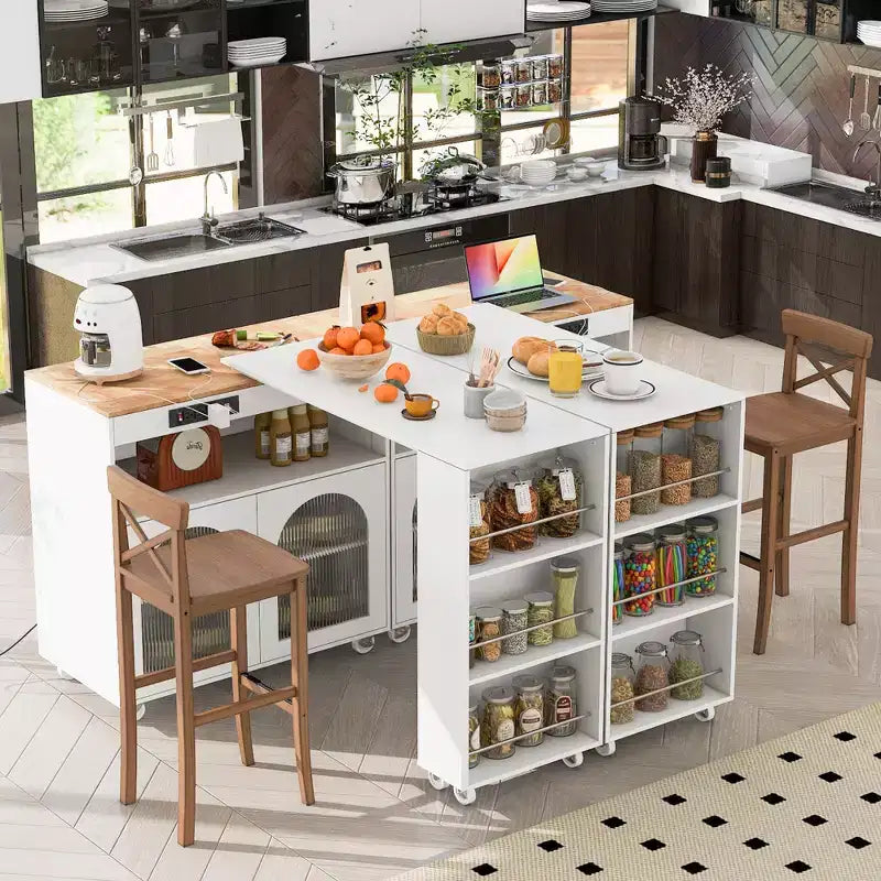Îlot de cuisine roulant avec table extensible, îlot de cuisine sur roulettes avec lumières LED, prises électriques, 2 portes en verre cannelé