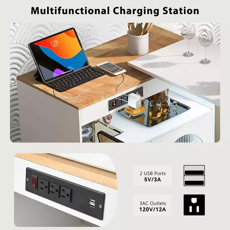 Îlot de cuisine roulant avec table extensible, îlot de cuisine sur roulettes avec lumières LED, prises électriques, 2 portes en verre cannelé