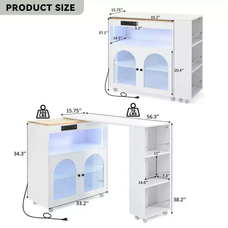 Îlot de cuisine roulant avec table extensible, îlot de cuisine sur roulettes avec lumières LED, prises électriques, 2 portes en verre cannelé