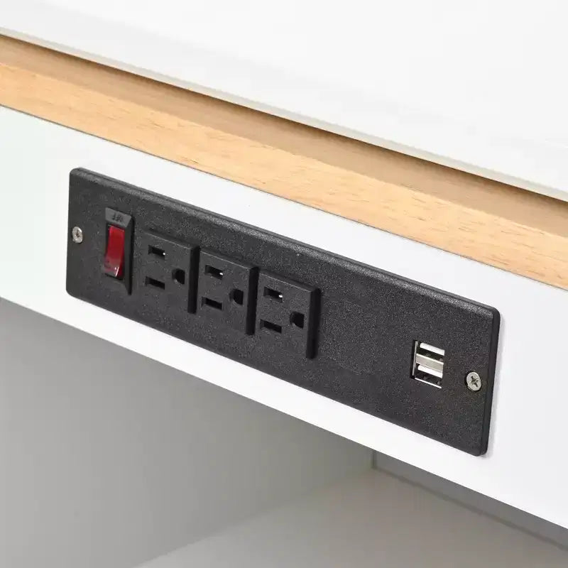 Îlot de cuisine roulant avec table extensible, îlot de cuisine sur roulettes avec lumières LED, prises électriques, 2 portes en verre cannelé
