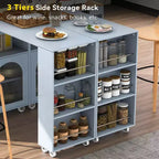 Îlot de cuisine roulant avec table extensible, îlot de cuisine sur roulettes avec lumières LED, prises électriques, 2 portes en verre cannelé