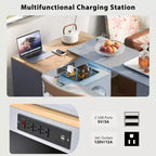 Îlot de cuisine roulant avec table extensible, îlot de cuisine sur roulettes avec lumières LED, prises électriques, 2 portes en verre cannelé