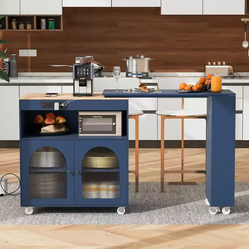 Îlot de cuisine roulant avec table extensible, îlot de cuisine sur roulettes avec lumières LED, prises électriques, 2 portes en verre cannelé
