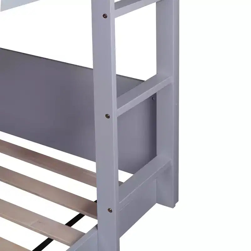 Lit superposé Bellemave double pour deux personnes, avec tête et pied de lit, barrières de sécurité et échelle, en bois de caoutchouc, gris clair.