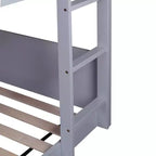 Lit superposé Bellemave double pour deux personnes, avec tête et pied de lit, barrières de sécurité et échelle, en bois de caoutchouc, gris clair.