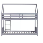 Lit superposé Bellemave double pour deux personnes, avec tête et pied de lit, barrières de sécurité et échelle, en bois de caoutchouc, gris clair.