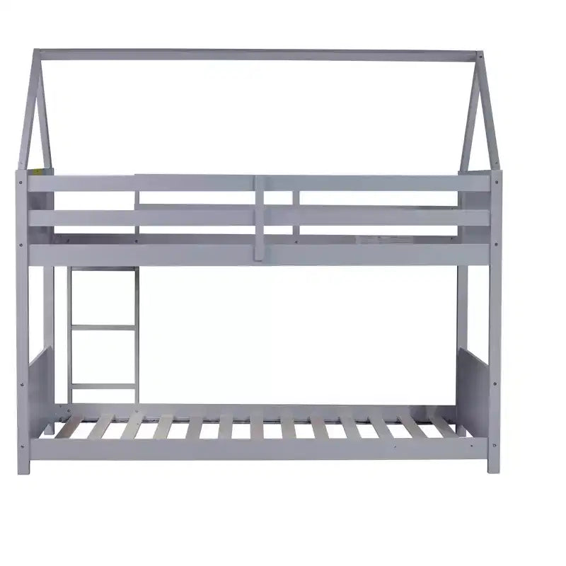 Lit superposé Bellemave double pour deux personnes, avec tête et pied de lit, barrières de sécurité et échelle, en bois de caoutchouc, gris clair.
