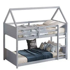 Lit superposé Bellemave double pour deux personnes, avec tête et pied de lit, barrières de sécurité et échelle, en bois de caoutchouc, gris clair.