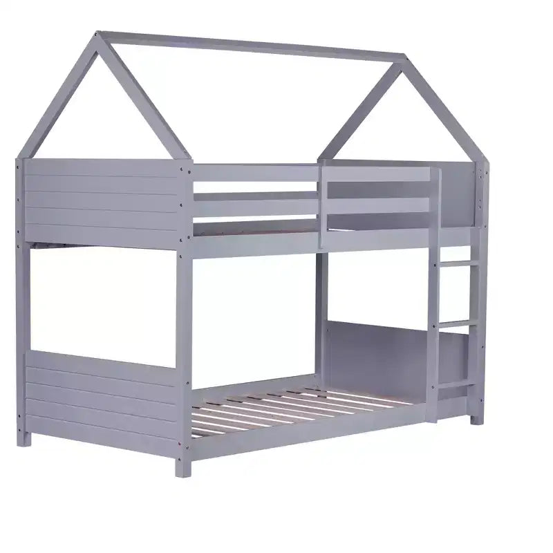 Lit superposé Bellemave double pour deux personnes, avec tête et pied de lit, barrières de sécurité et échelle, en bois de caoutchouc, gris clair.
