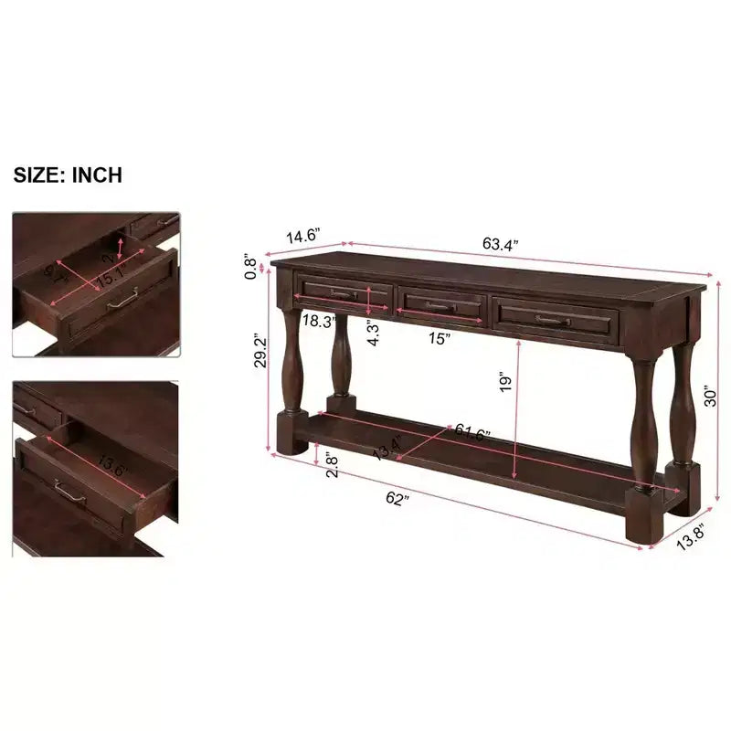 Hostack Table console en bois de 63 po avec 3 tiroirs et 1 étagère inférieure pour entrée et couloir, espresso clair