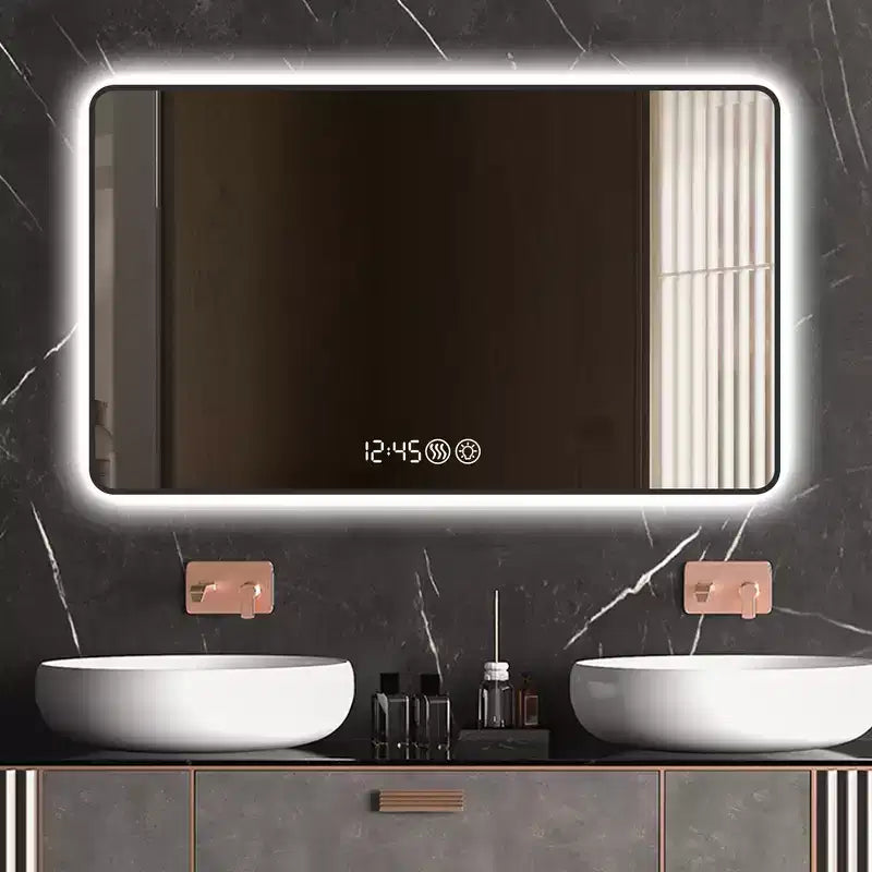 Whisen LED Bathroom Wall Mirror with Aluminum Alloy Frame and Defogging Function, Temperature & Time Display - Black
