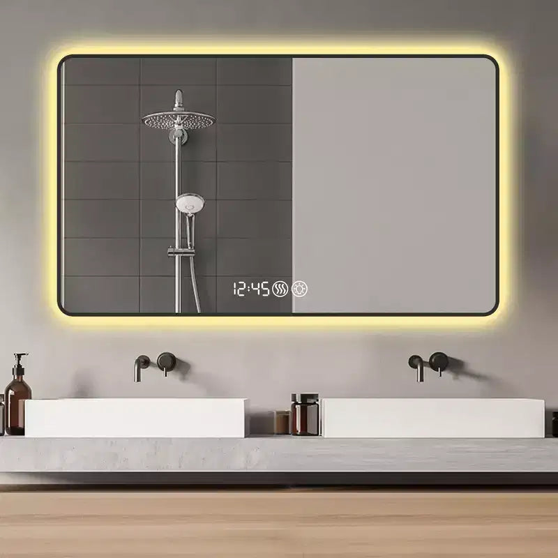Miroir mural LED de salle de bain Whisen avec cadre en alliage d'aluminium et fonction anti-buée, affichage de la température et de l'heure - Noir