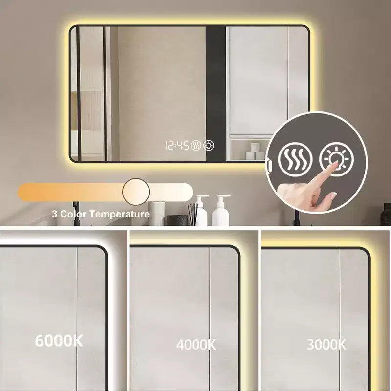 Miroir mural LED de salle de bain Whisen avec cadre en alliage d'aluminium et fonction anti-buée, affichage de la température et de l'heure - Noir