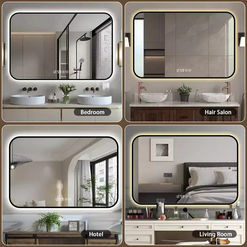 Miroir mural LED de salle de bain Whisen avec cadre en alliage d'aluminium et fonction anti-buée, affichage de la température et de l'heure - Noir