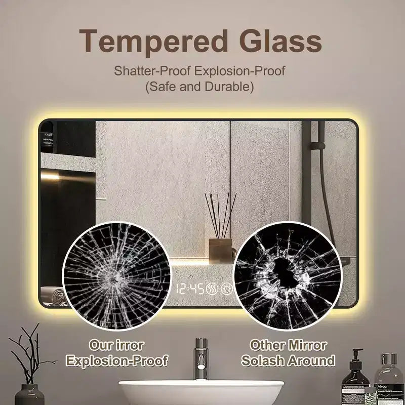 Miroir mural LED de salle de bain Whisen avec cadre en alliage d'aluminium et fonction anti-buée, affichage de la température et de l'heure - Noir