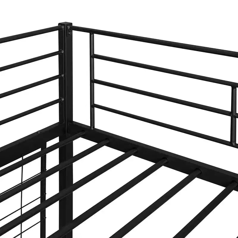 Lit mezzanine une place avec long bureau et grille métallique, Lit mezzanine haut en métal avec barrières de sécurité et échelles pour adolescents et adultes