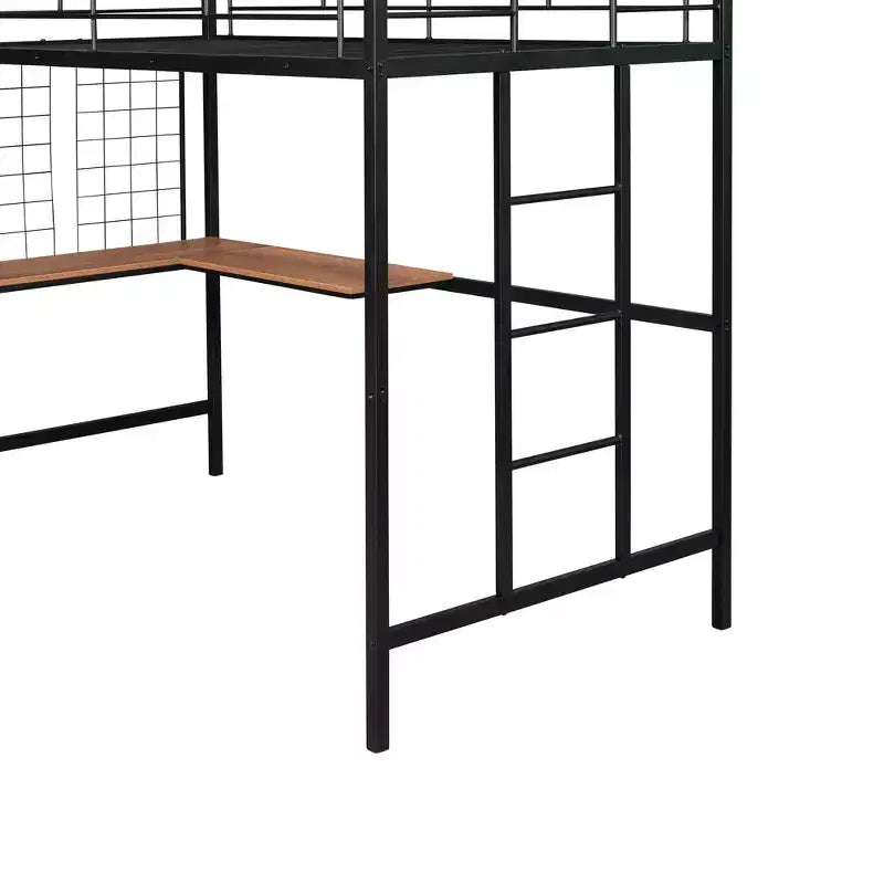 Lit mezzanine une place avec long bureau et grille métallique, Lit mezzanine haut en métal avec barrières de sécurité et échelles pour adolescents et adultes