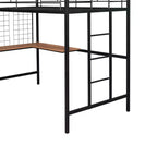 Lit mezzanine une place avec long bureau et grille métallique, Lit mezzanine haut en métal avec barrières de sécurité et échelles pour adolescents et adultes