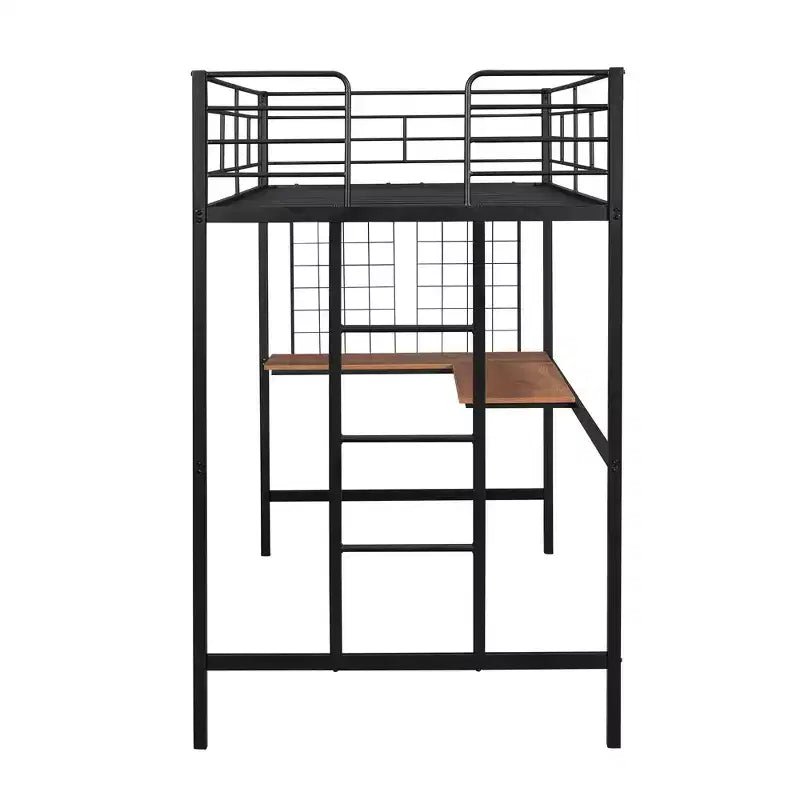 Lit mezzanine une place avec long bureau et grille métallique, Lit mezzanine haut en métal avec barrières de sécurité et échelles pour adolescents et adultes