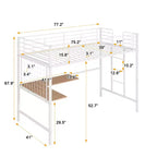Lit mezzanine une place avec long bureau et grille métallique, Lit mezzanine haut en métal avec barrières de sécurité et échelles pour adolescents et adultes