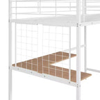 Lit mezzanine une place avec long bureau et grille métallique, Lit mezzanine haut en métal avec barrières de sécurité et échelles pour adolescents et adultes