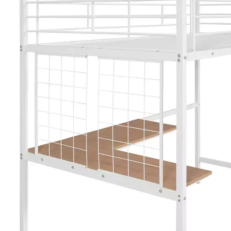 Lit mezzanine une place avec long bureau et grille métallique, Lit mezzanine haut en métal avec barrières de sécurité et échelles pour adolescents et adultes