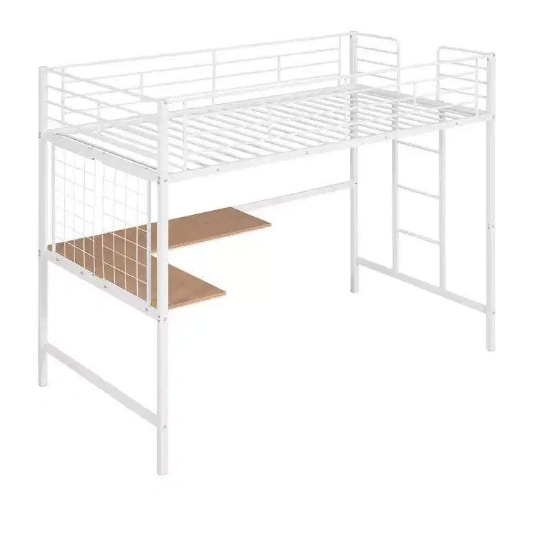 Lit mezzanine une place avec long bureau et grille métallique, Lit mezzanine haut en métal avec barrières de sécurité et échelles pour adolescents et adultes