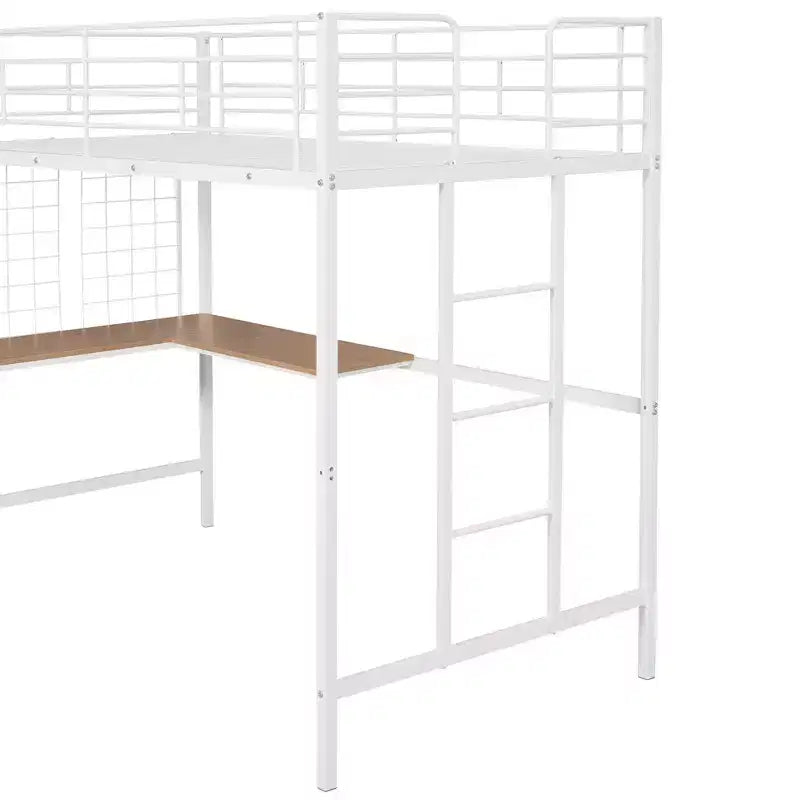 Lit mezzanine une place avec long bureau et grille métallique, Lit mezzanine haut en métal avec barrières de sécurité et échelles pour adolescents et adultes