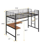 Lit mezzanine une place avec long bureau et grille métallique, Lit mezzanine haut en métal avec barrières de sécurité et échelles pour adolescents et adultes