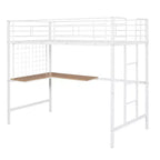 Lit mezzanine une place avec long bureau et grille métallique, Lit mezzanine haut en métal avec barrières de sécurité et échelles pour adolescents et adultes