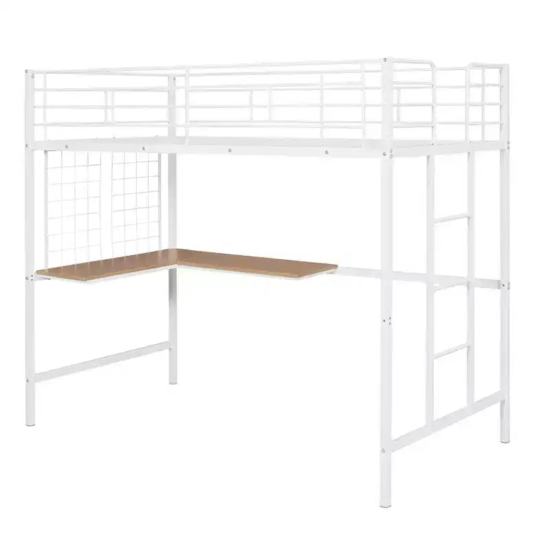 Lit mezzanine une place avec long bureau et grille métallique, Lit mezzanine haut en métal avec barrières de sécurité et échelles pour adolescents et adultes