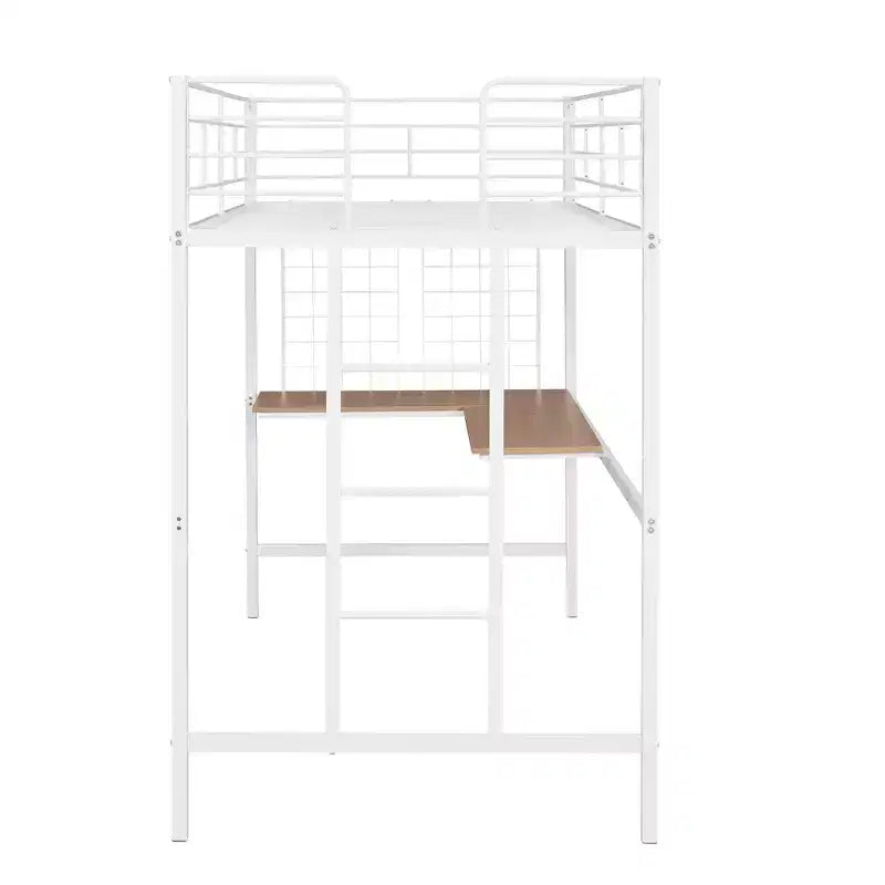 Lit mezzanine une place avec long bureau et grille métallique, Lit mezzanine haut en métal avec barrières de sécurité et échelles pour adolescents et adultes