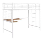 Lit mezzanine une place avec long bureau et grille métallique, Lit mezzanine haut en métal avec barrières de sécurité et échelles pour adolescents et adultes