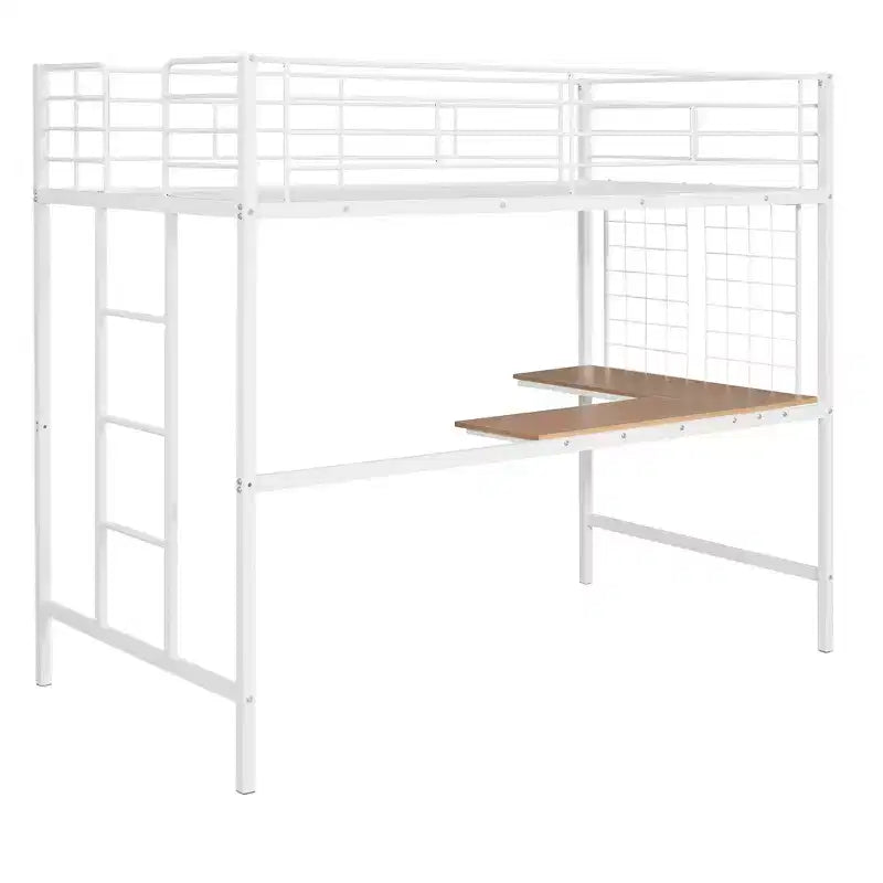 Lit mezzanine une place avec long bureau et grille métallique, Lit mezzanine haut en métal avec barrières de sécurité et échelles pour adolescents et adultes