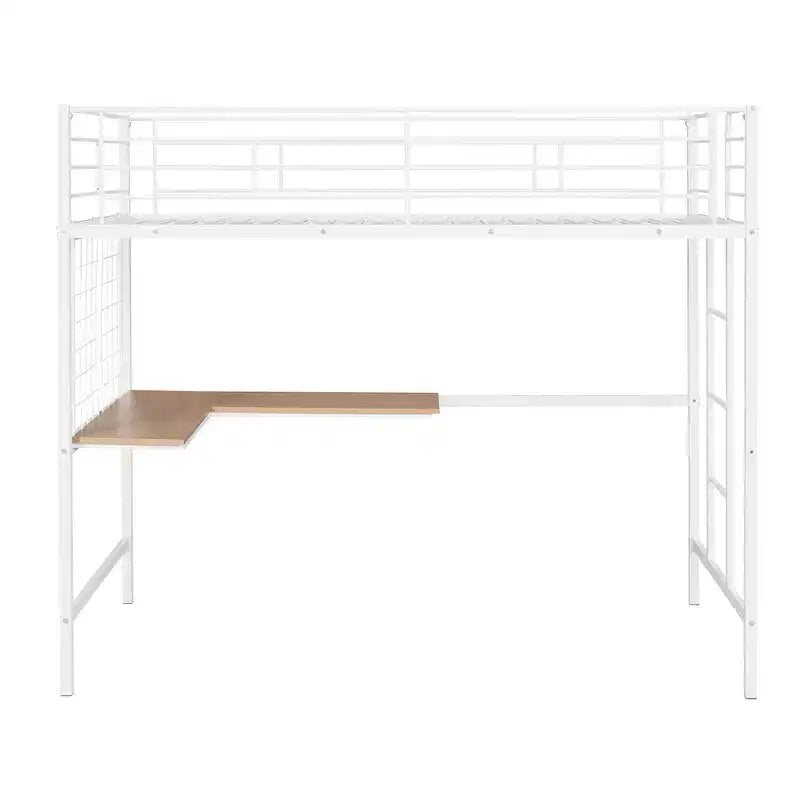 Lit mezzanine une place avec long bureau et grille métallique, Lit mezzanine haut en métal avec barrières de sécurité et échelles pour adolescents et adultes