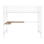 Lit mezzanine une place avec long bureau et grille métallique, Lit mezzanine haut en métal avec barrières de sécurité et échelles pour adolescents et adultes