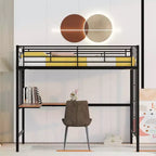 Lit mezzanine une place avec long bureau et grille métallique, Lit mezzanine haut en métal avec barrières de sécurité et échelles pour adolescents et adultes