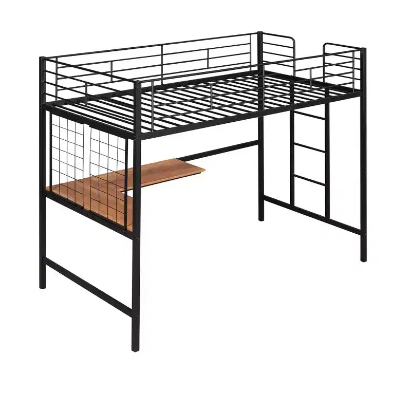 Lit mezzanine une place avec long bureau et grille métallique, Lit mezzanine haut en métal avec barrières de sécurité et échelles pour adolescents et adultes