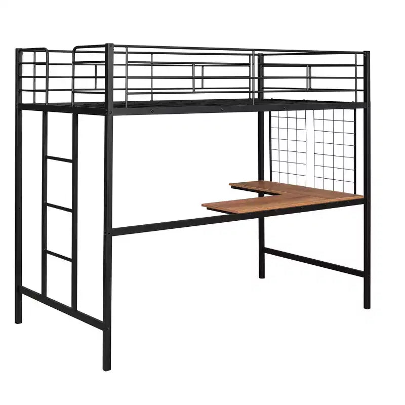Lit mezzanine une place avec long bureau et grille métallique, Lit mezzanine haut en métal avec barrières de sécurité et échelles pour adolescents et adultes
