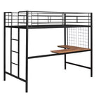 Lit mezzanine une place avec long bureau et grille métallique, Lit mezzanine haut en métal avec barrières de sécurité et échelles pour adolescents et adultes