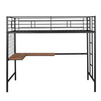 Lit mezzanine une place avec long bureau et grille métallique, Lit mezzanine haut en métal avec barrières de sécurité et échelles pour adolescents et adultes