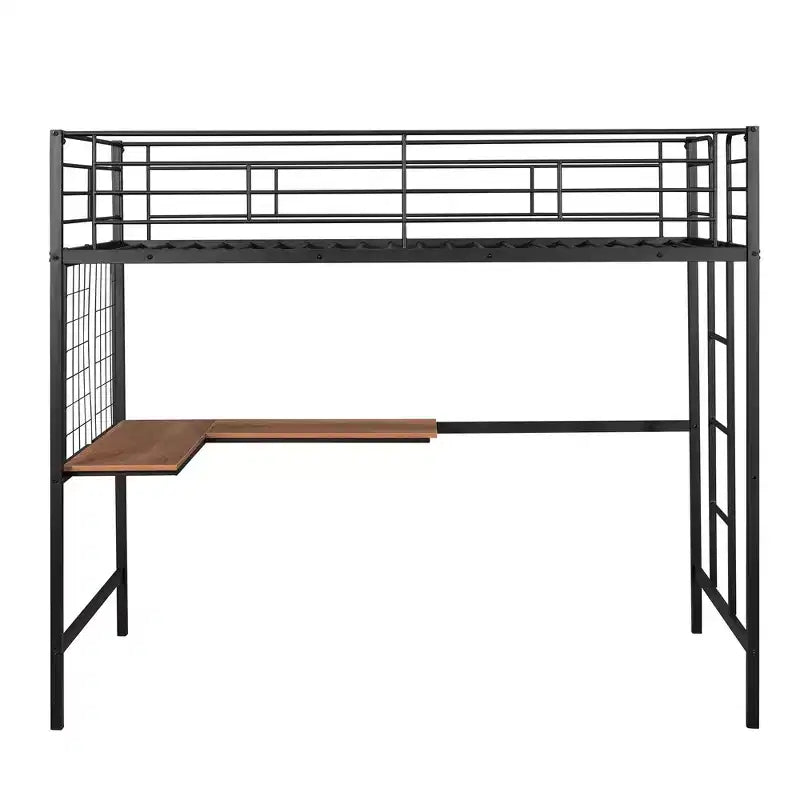 Lit mezzanine une place avec long bureau et grille métallique, Lit mezzanine haut en métal avec barrières de sécurité et échelles pour adolescents et adultes