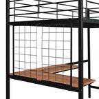 Lit mezzanine une place avec long bureau et grille métallique, Lit mezzanine haut en métal avec barrières de sécurité et échelles pour adolescents et adultes