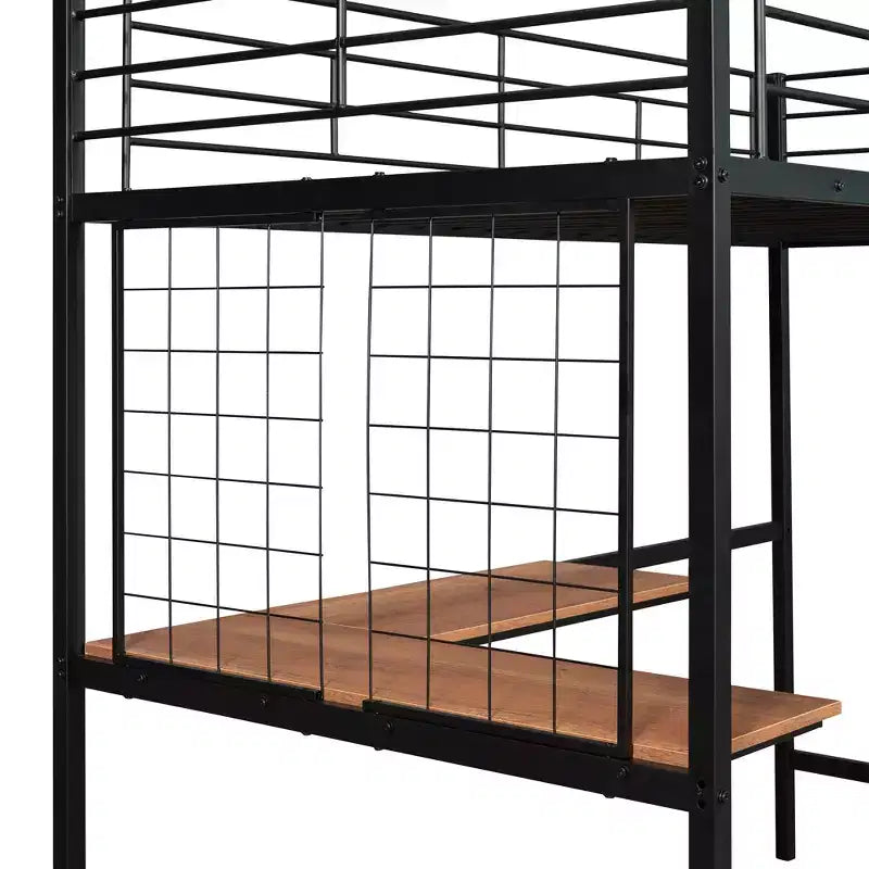 Lit mezzanine une place avec long bureau et grille métallique, Lit mezzanine haut en métal avec barrières de sécurité et échelles pour adolescents et adultes