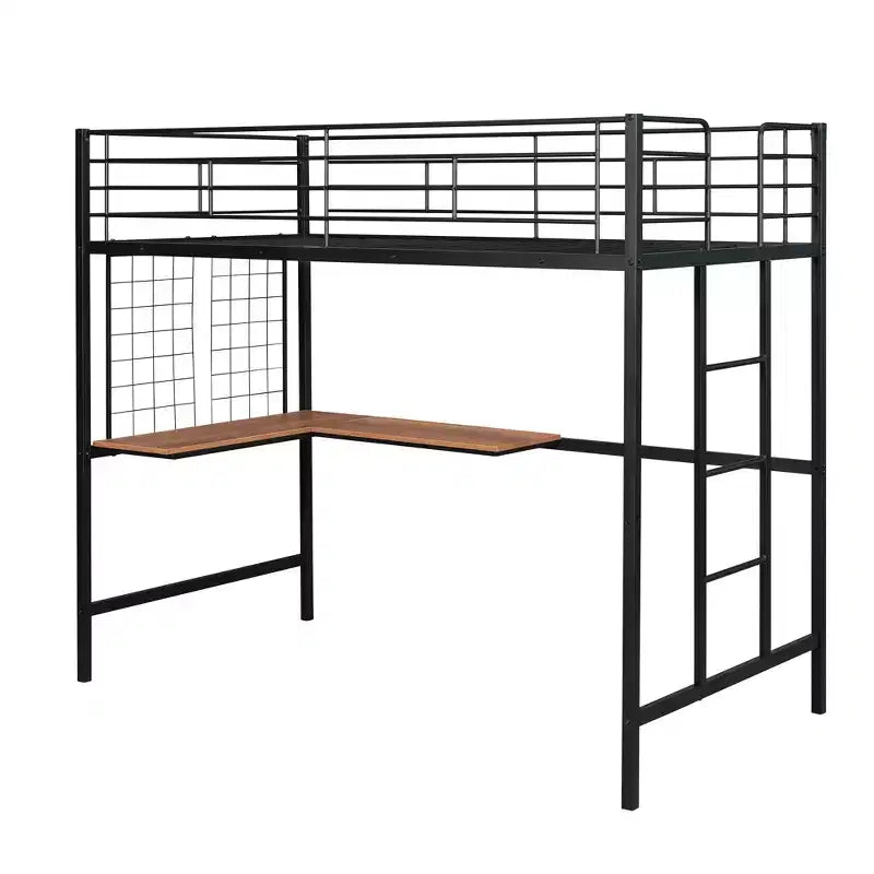 Lit mezzanine une place avec long bureau et grille métallique, Lit mezzanine haut en métal avec barrières de sécurité et échelles pour adolescents et adultes