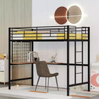 Twin Size Loft Bed with Long Desk and Metal Grid, High Loft Bed Metal Frame with Safety Guardrails and Ladders for Teens Adults